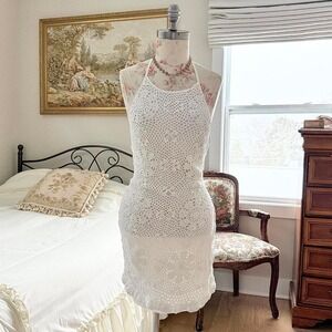 white crochet dress y2k moda white crochet halter dress size medium